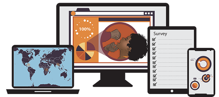 illustration of computer with world map, digital dashboard and a boy getting vaccine converted into data point